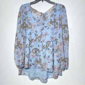 American Eagle Babydoll Blouse Top Women L Blue Paisley Floral Boho Tie Back
